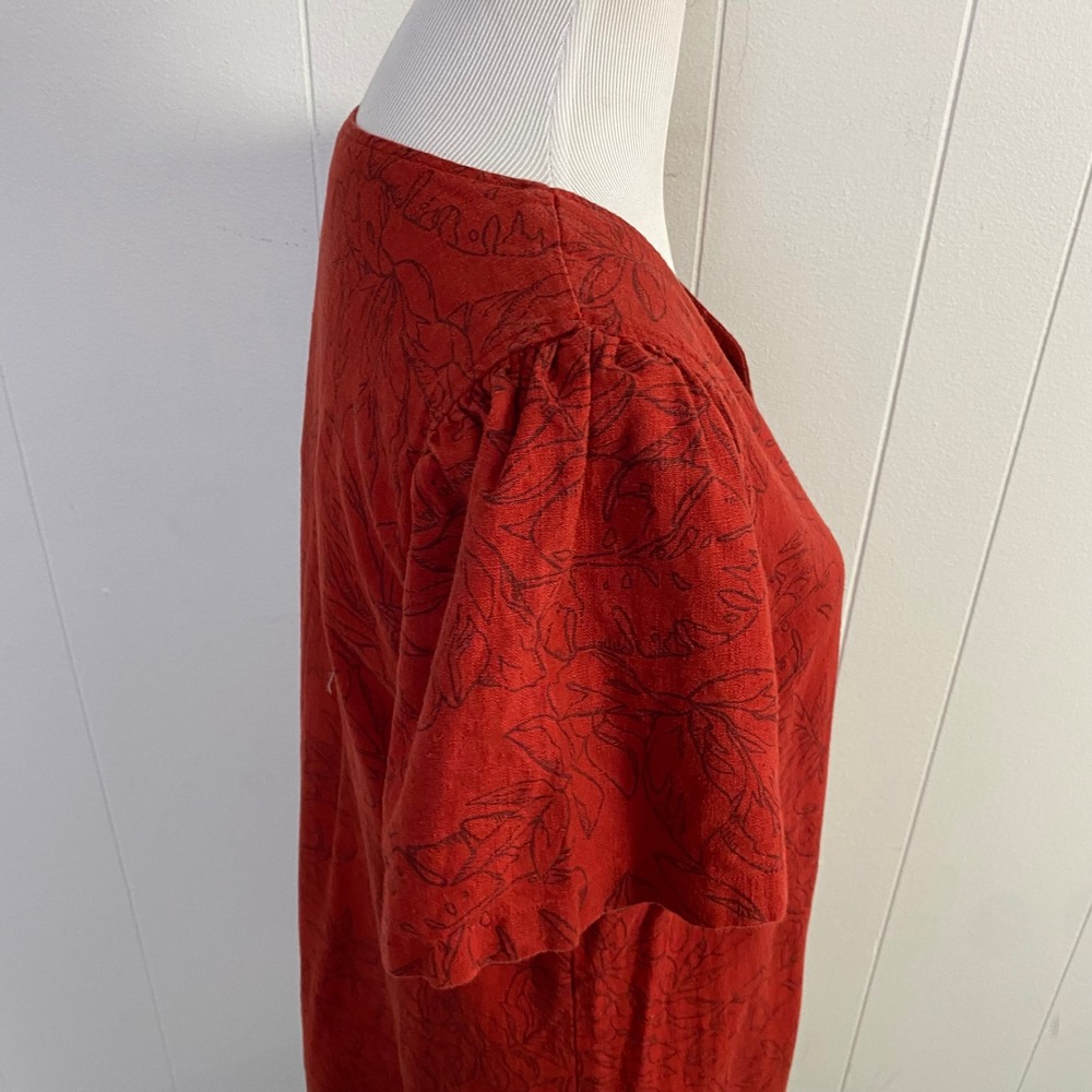Nicole Miller Sz M Terracotta Red Linen Blend Tropical Leaf V-Neck Shift Dress - Picture 7 of 10